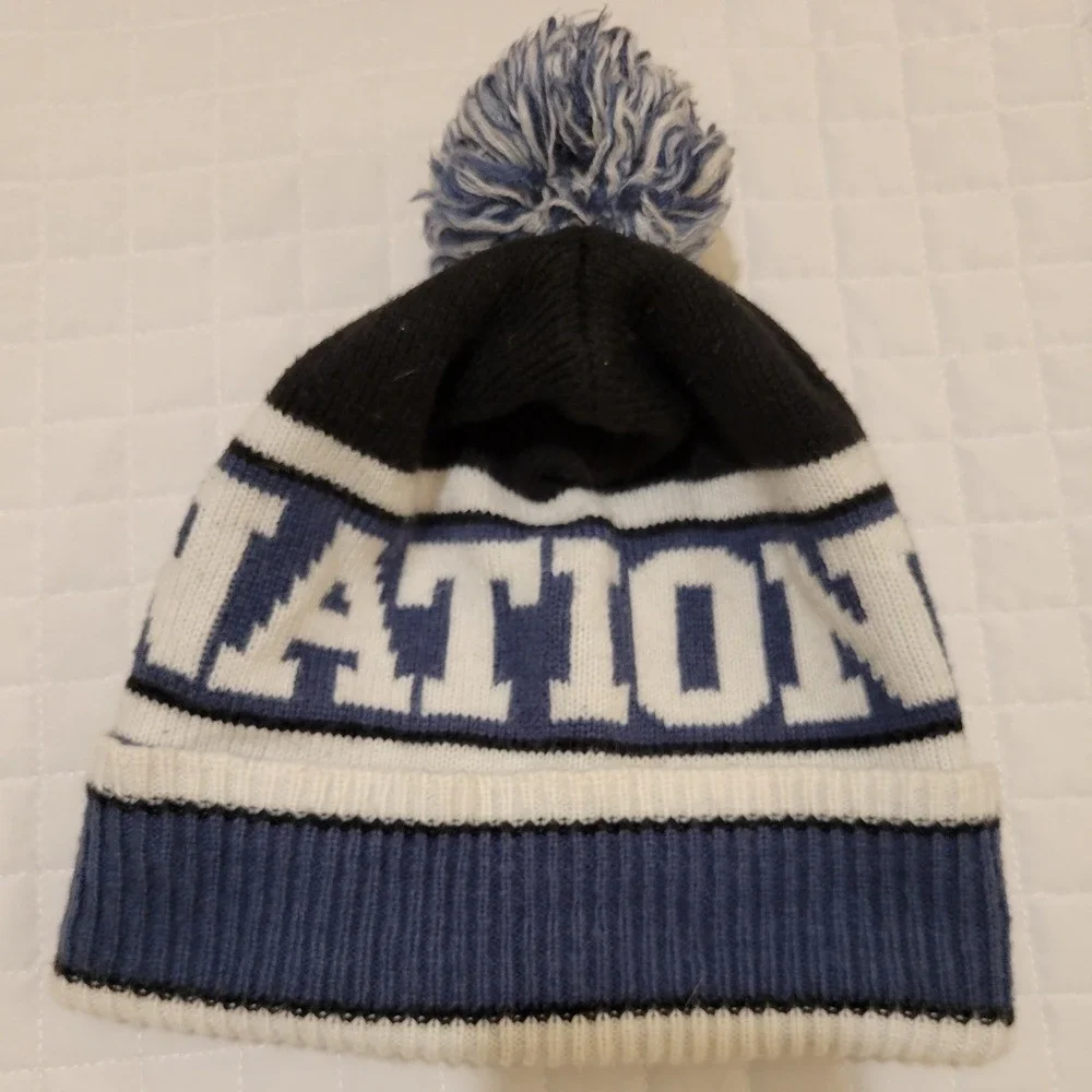 Victorias Secret PINK Nation Blue White Black Pom Pom Beanie Cozy Hat Snow Bunny
